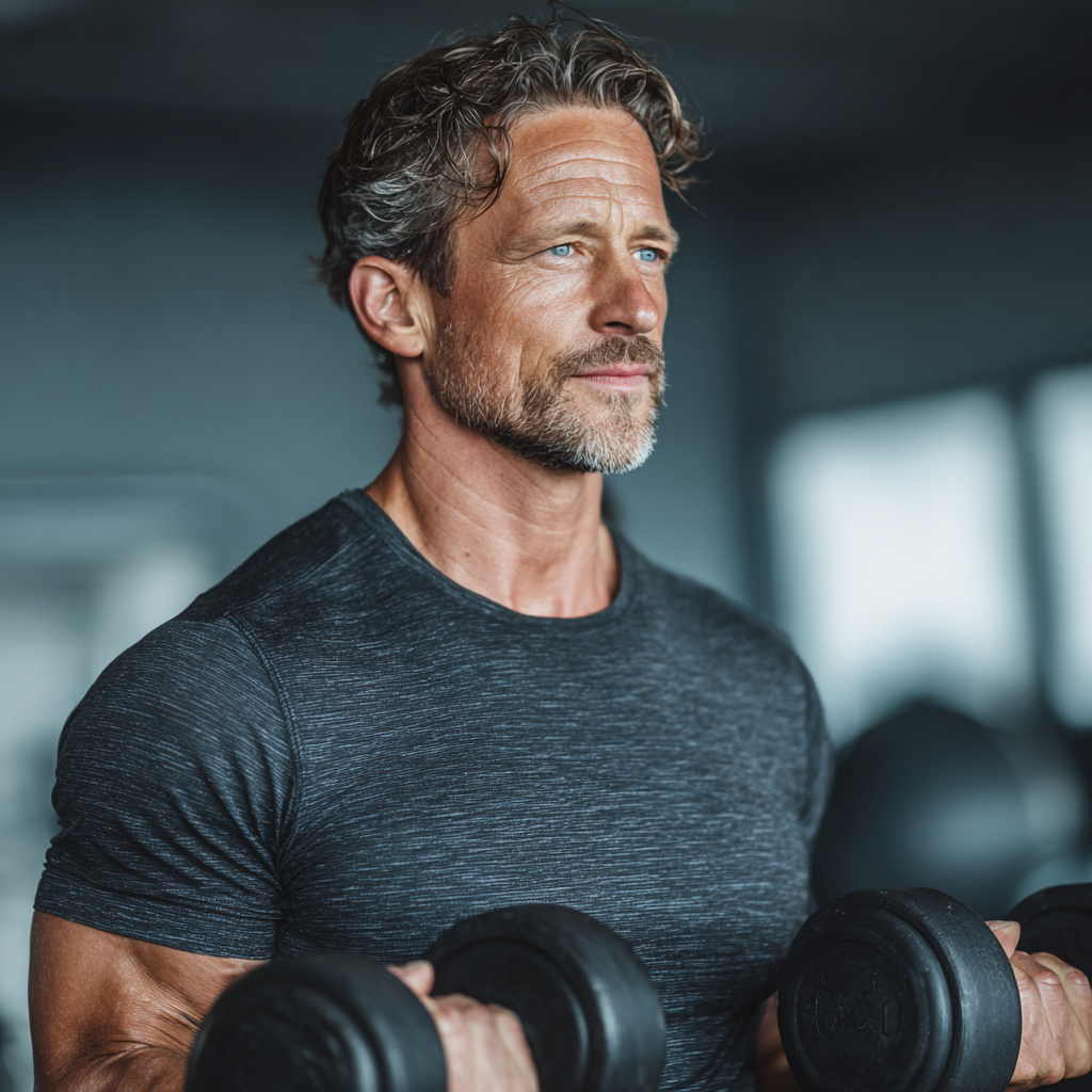 Professional fitness trainer aged 45 demonstrating proper exercise form with dumbbells in modern gym setting